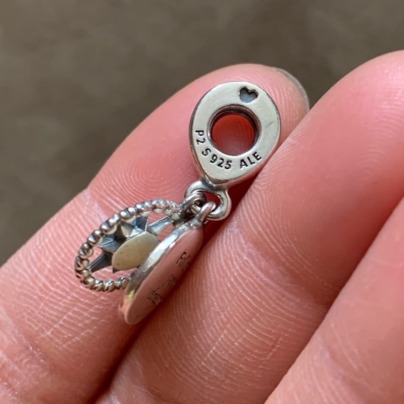 Retired Pandora Compass Rose Pendant Charm W/ Crystal & Enamel Dangle Charm - Picture 7 of 7